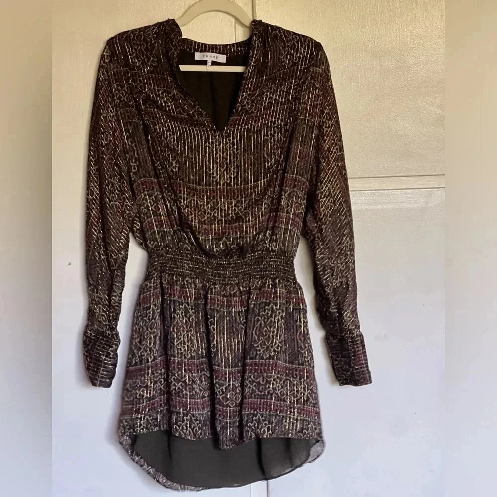 Frame Paisley Metallic‎ Silk Long Sleeve Mini Dress Size Small